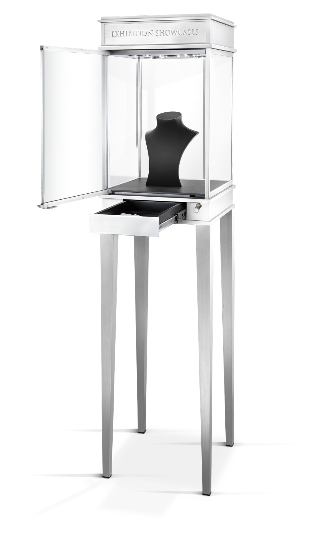 Angled Model 1 product view with glass door and drawer open