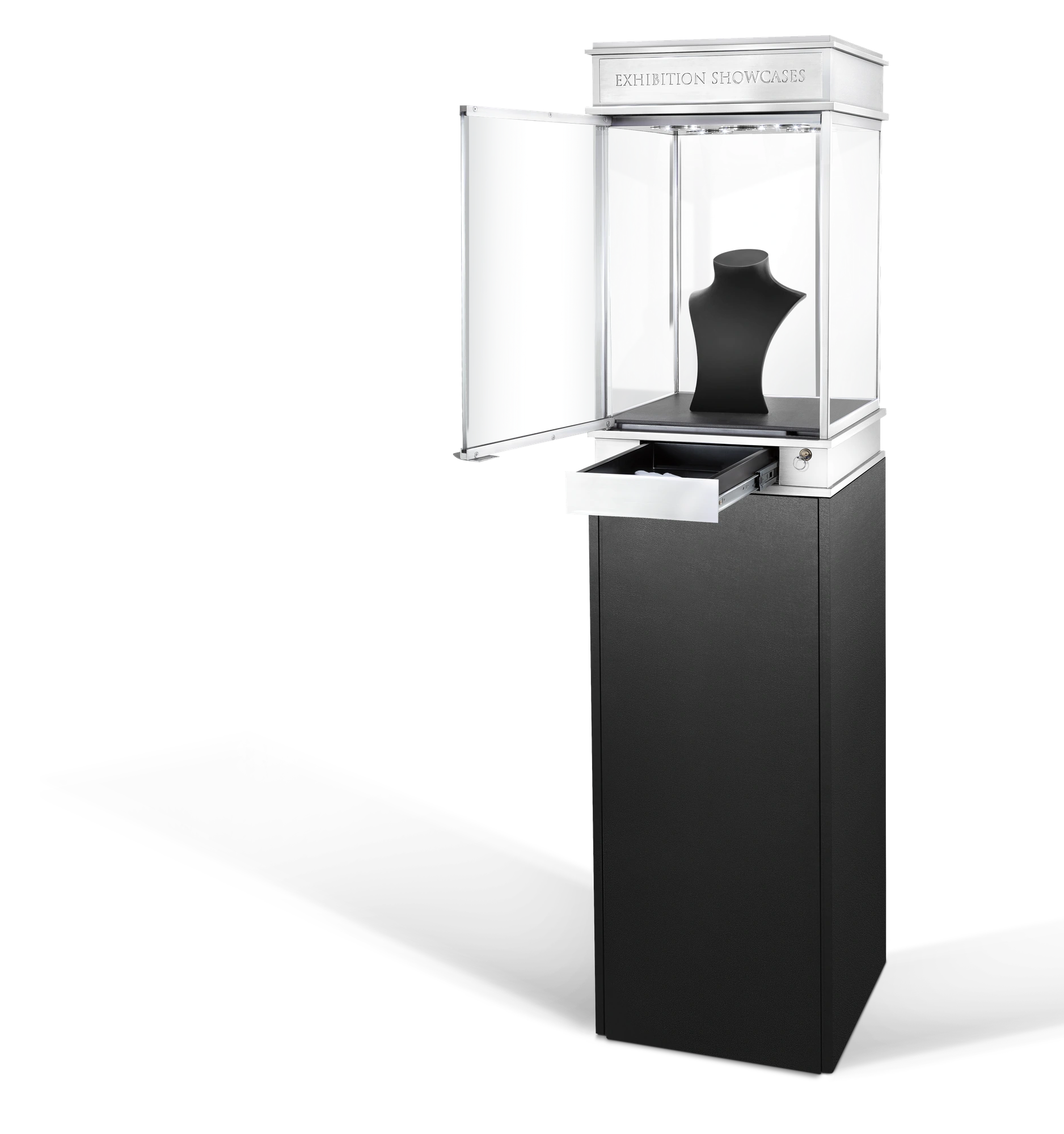 Model 2 Cabinet Base jewellery showcase with its glass door and drawer open