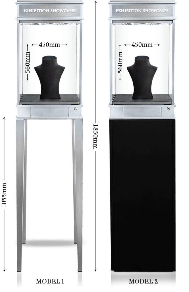 Supplied Model 1 and Model 2 dimension reference showing 1,850 mm overall height, 1,055 mm base height and a 450 by 560 mm internal display frontage